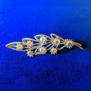 Elegant Silver Leaf Brooch with Iridescent Accents Ab Aurora borealis